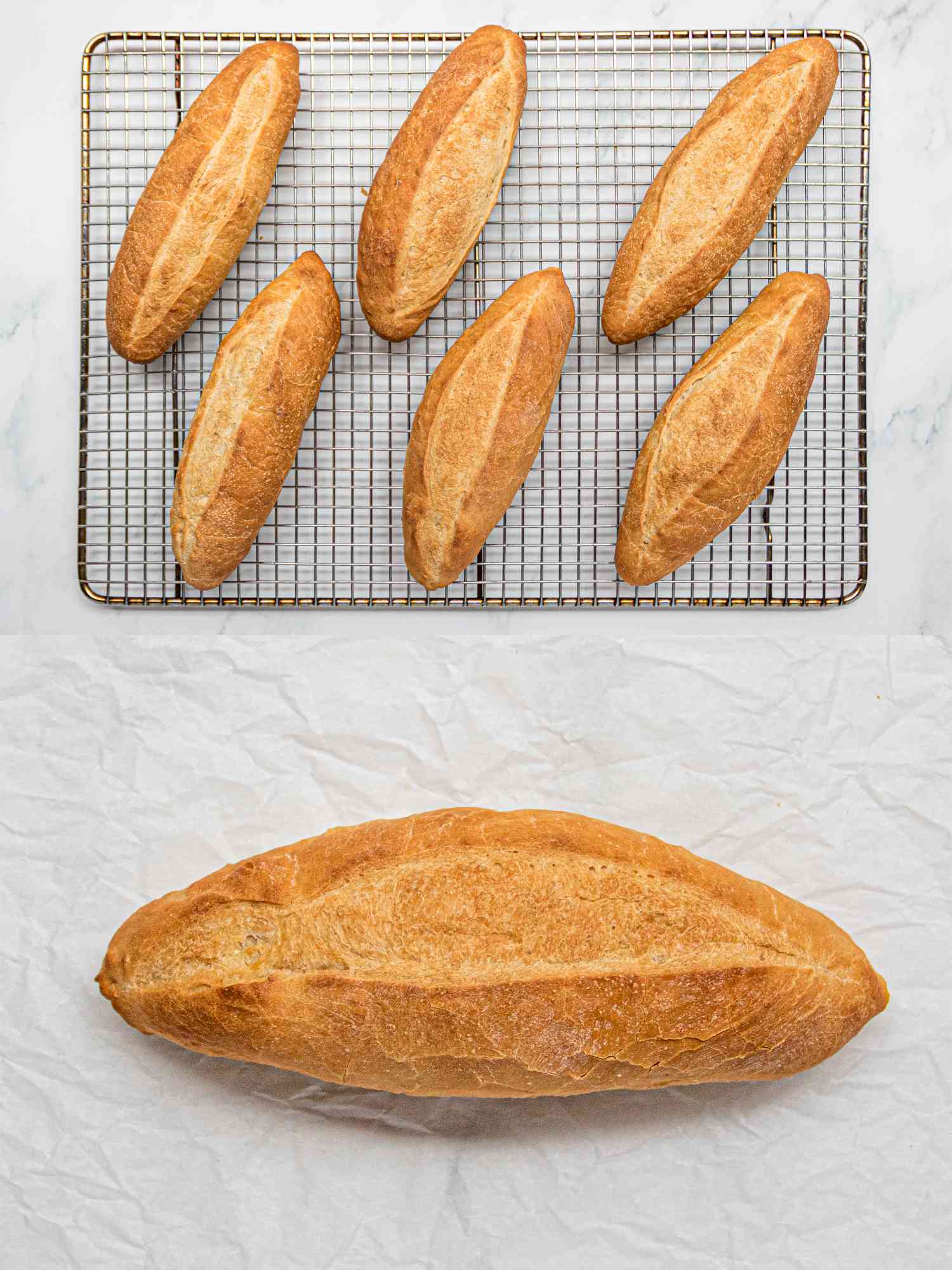 Two image collage of overhead view of banh mi bread resting on wire rack and a close up of one loaf