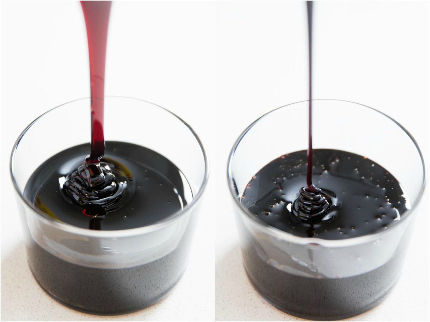 Pouring slightly red molasses and darker, thicker blackstrap molasses