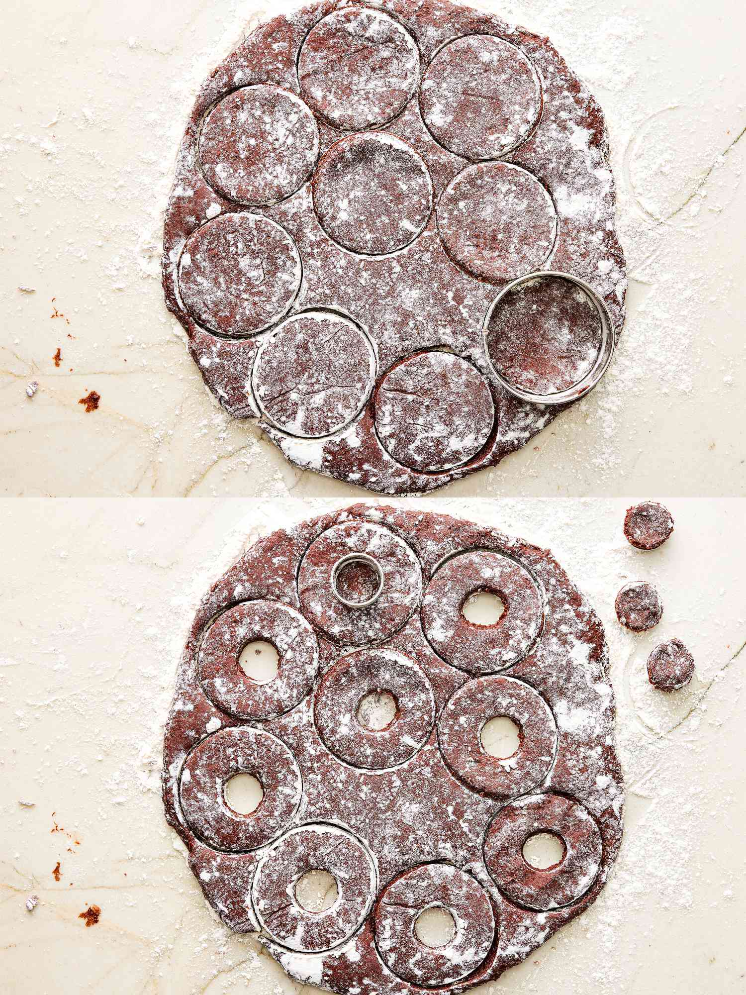 Two image collage of cutting donut holes