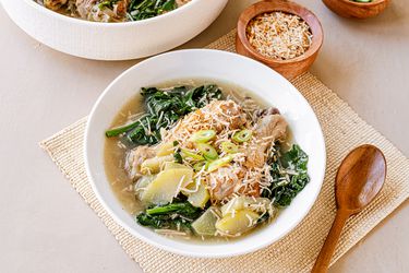 Chicken binakol served in white bowls.