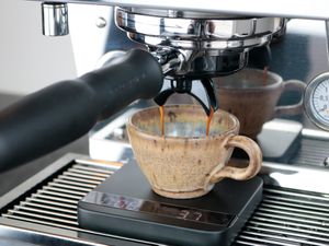 an espresso shot flowing off of the dual spouts into a cup