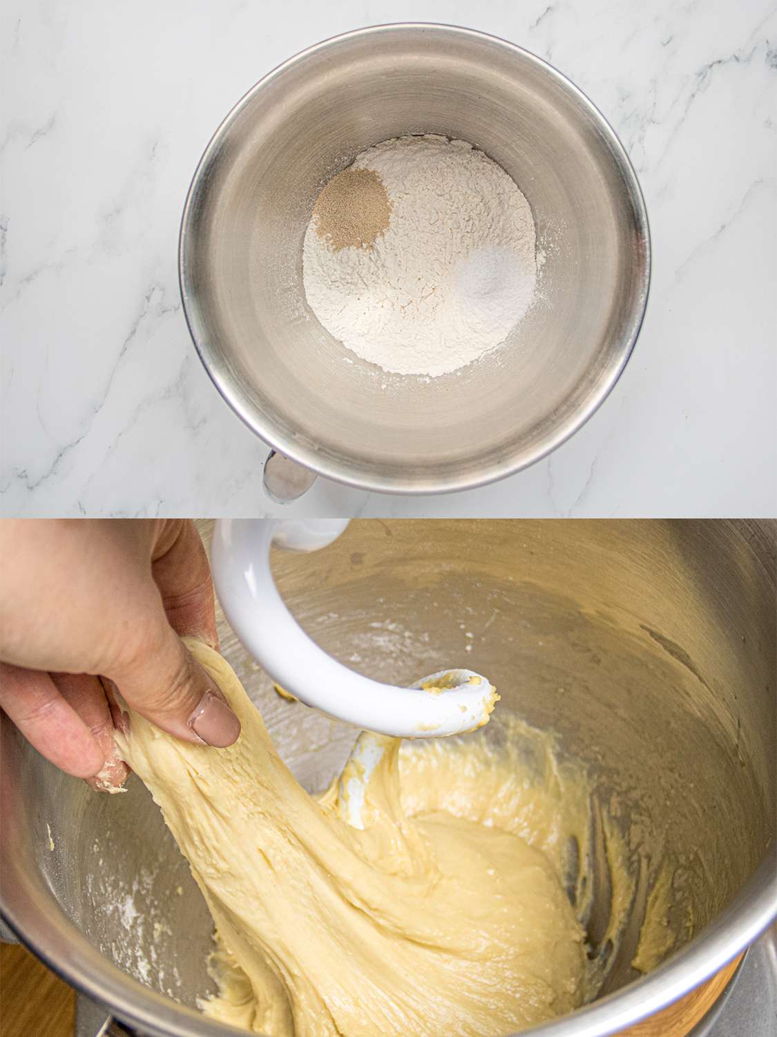 两个图像拼贴。上图:干brioc华体会应用下载h成分e dough. Bottom: Dough in stand mixer, with hand pulling a piece showing off elasticity