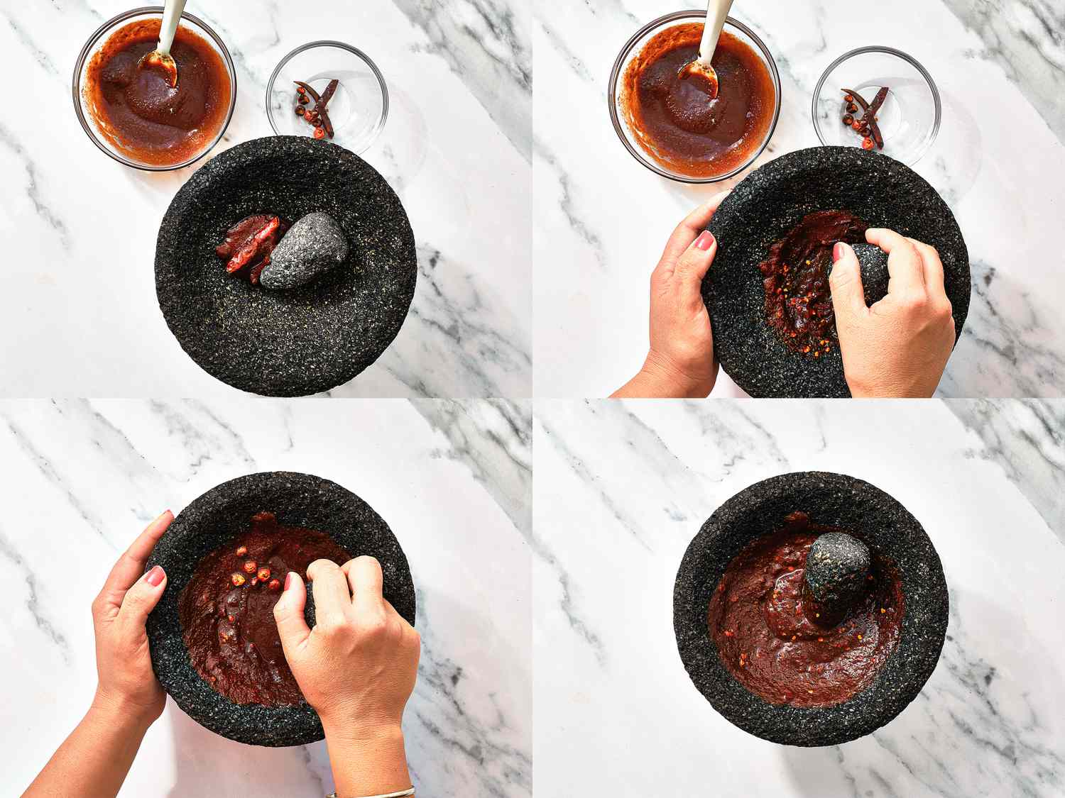 Four image collage of combing all ingredients in a molcajete for salsa negra